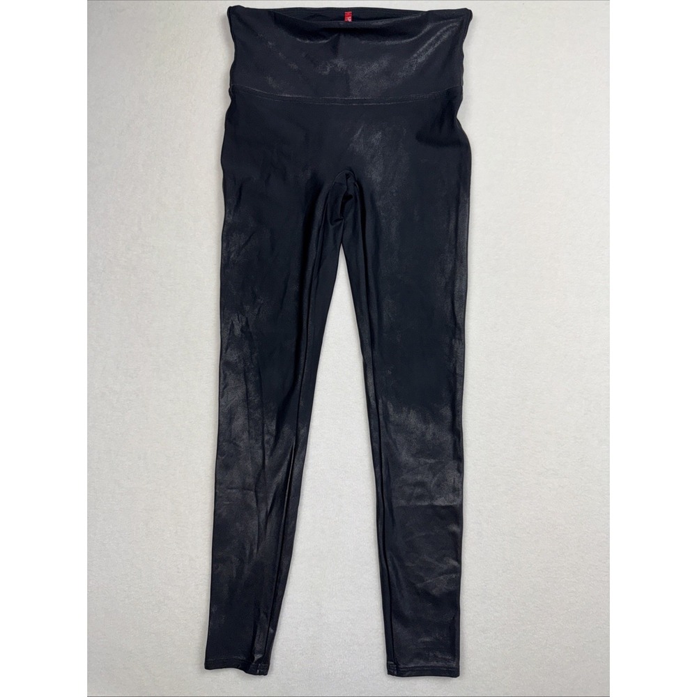 SPANX Faux Leather Leggings Size Large Black High Rise‎ Shiny Stretch Pants 28"